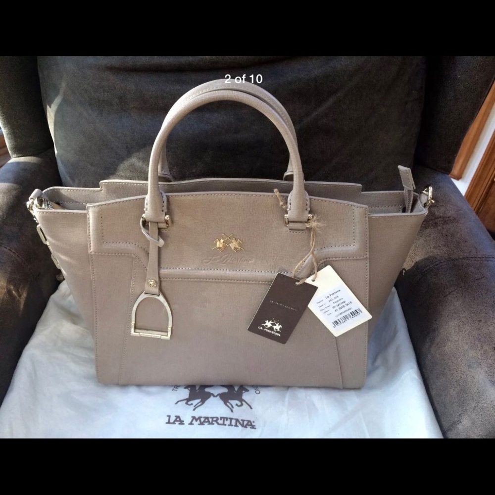 La Martina Saffiano Leather Tote Bag Tan Beige🐎 - Picture 2 of 9